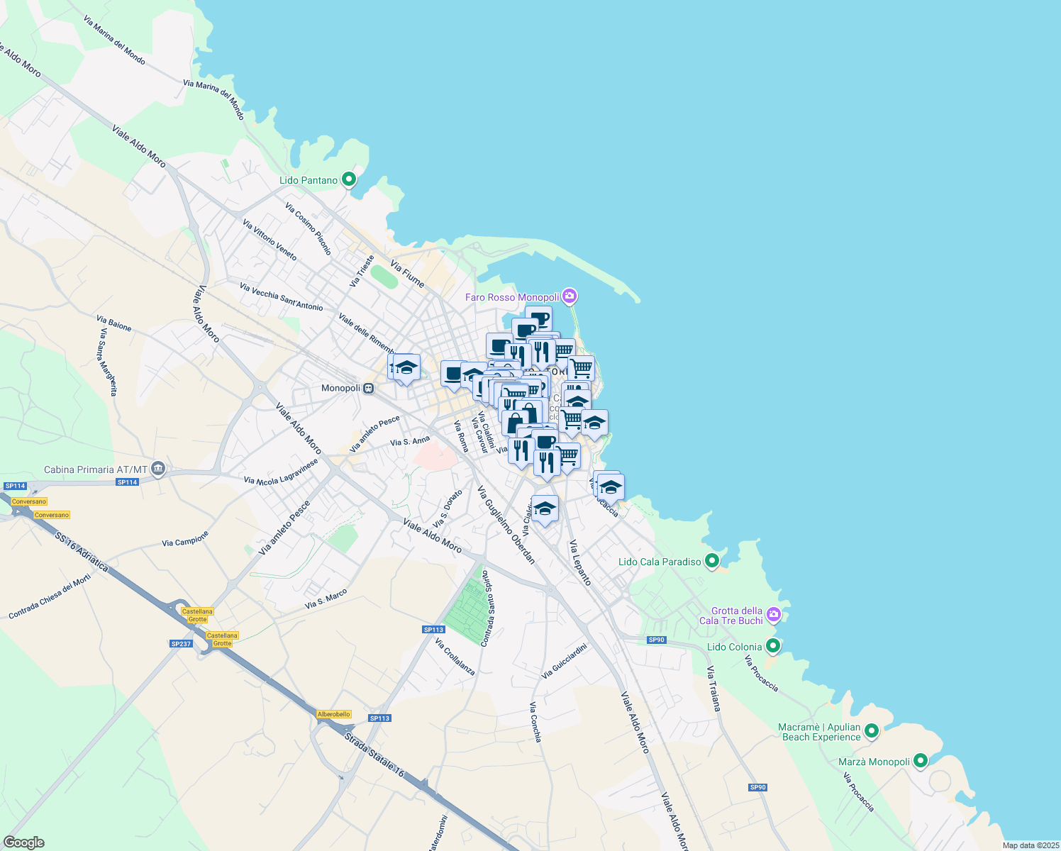 map of restaurants, bars, coffee shops, grocery stores, and more near 5 Via Palestro in Monopoli