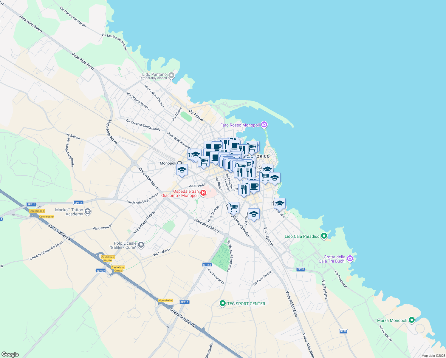 map of restaurants, bars, coffee shops, grocery stores, and more near 71 Via Giuseppe Mazzini in Monopoli