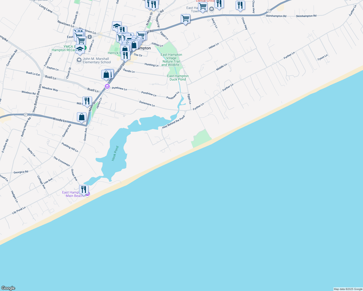 map of restaurants, bars, coffee shops, grocery stores, and more near 35 East Dune Lane in East Hampton