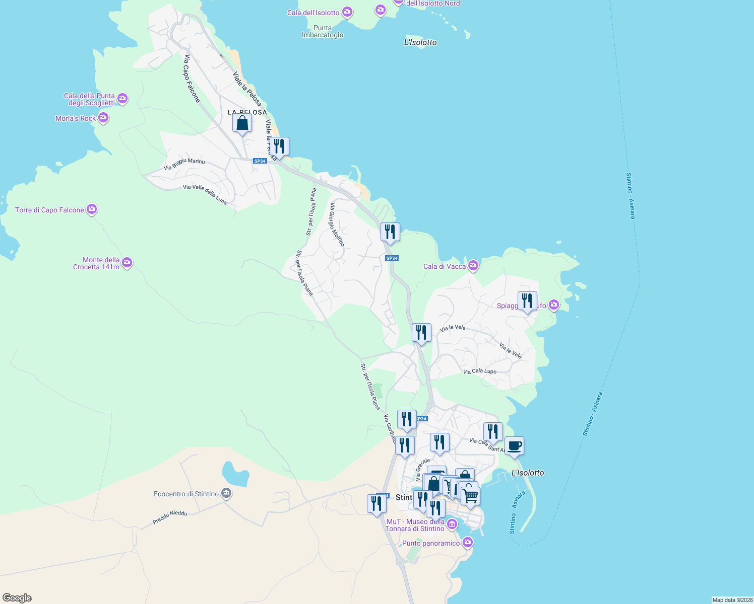 map of restaurants, bars, coffee shops, grocery stores, and more near 18 Via dei Rosmarini in Palmadula