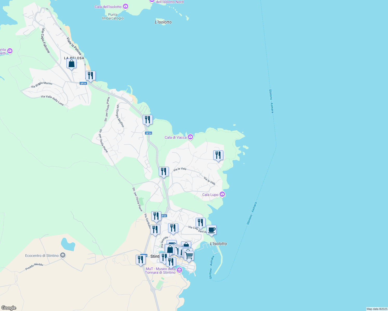map of restaurants, bars, coffee shops, grocery stores, and more near 62 Via Punta Negra in Stintino