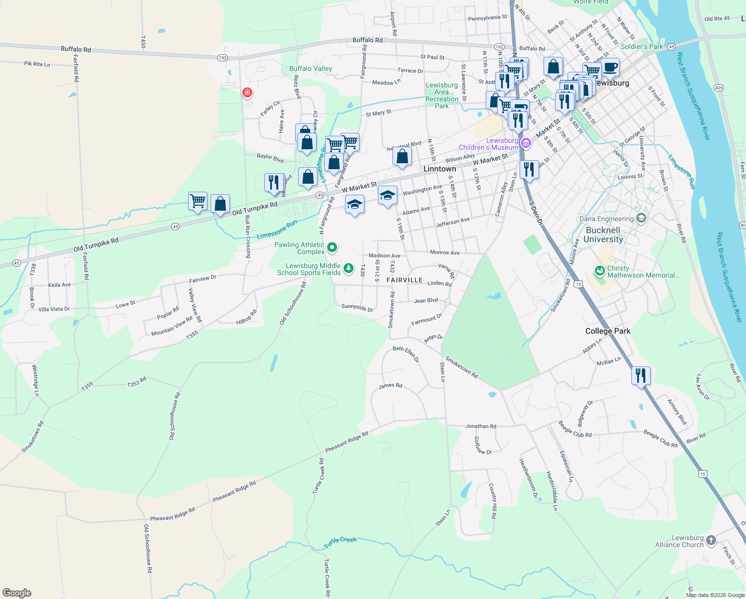 map of restaurants, bars, coffee shops, grocery stores, and more near 60 Sunnyside Dr in Lewisburg