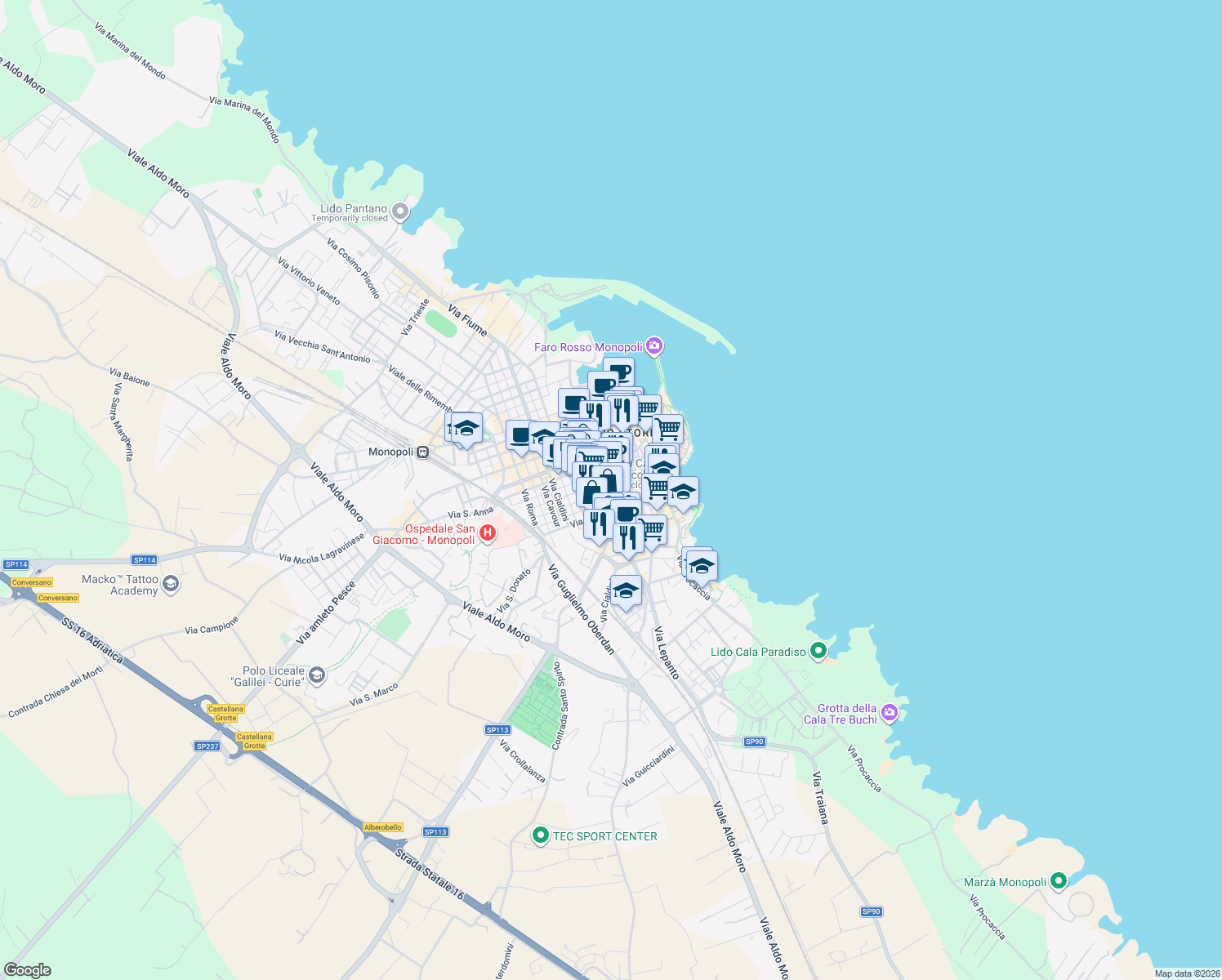 map of restaurants, bars, coffee shops, grocery stores, and more near 5 Via Palestro in Monopoli