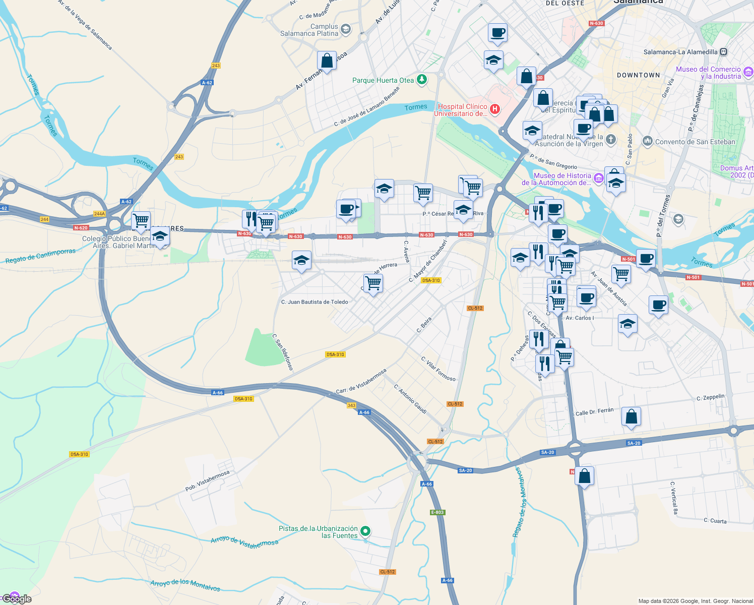 map of restaurants, bars, coffee shops, grocery stores, and more near Calle de Miguel Ángel in Salamanca