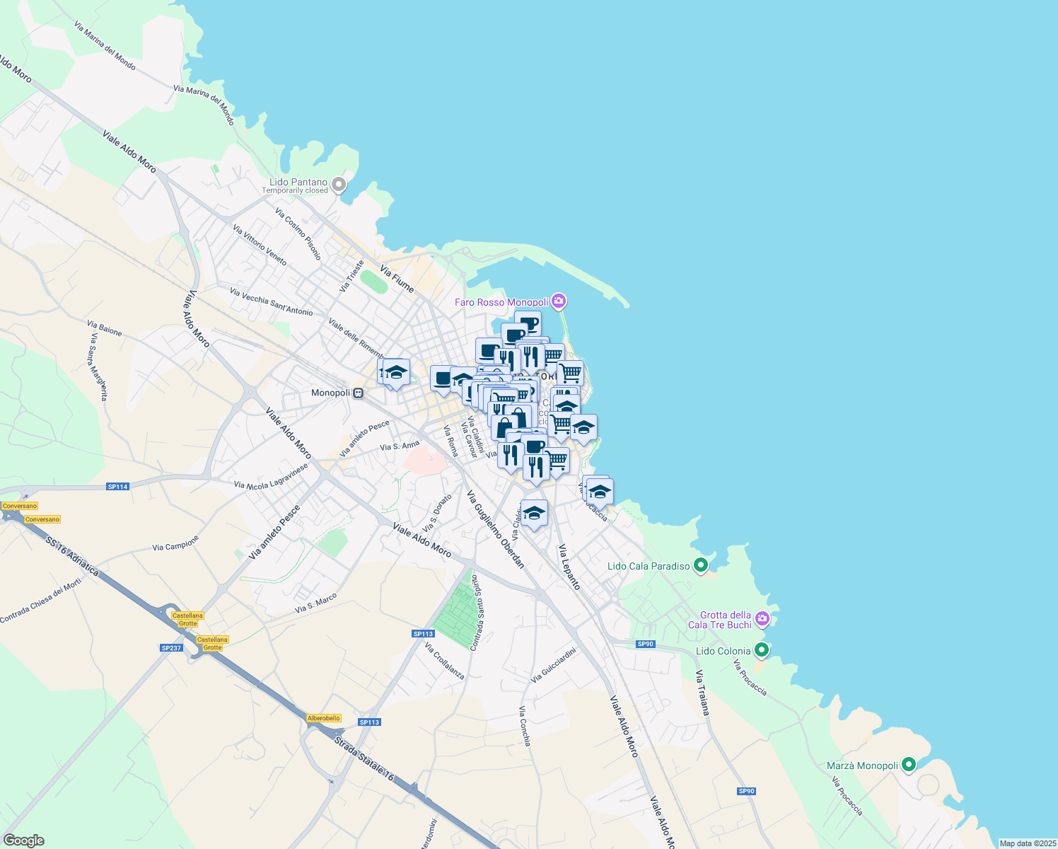 map of restaurants, bars, coffee shops, grocery stores, and more near 5 Via Palestro in Monopoli