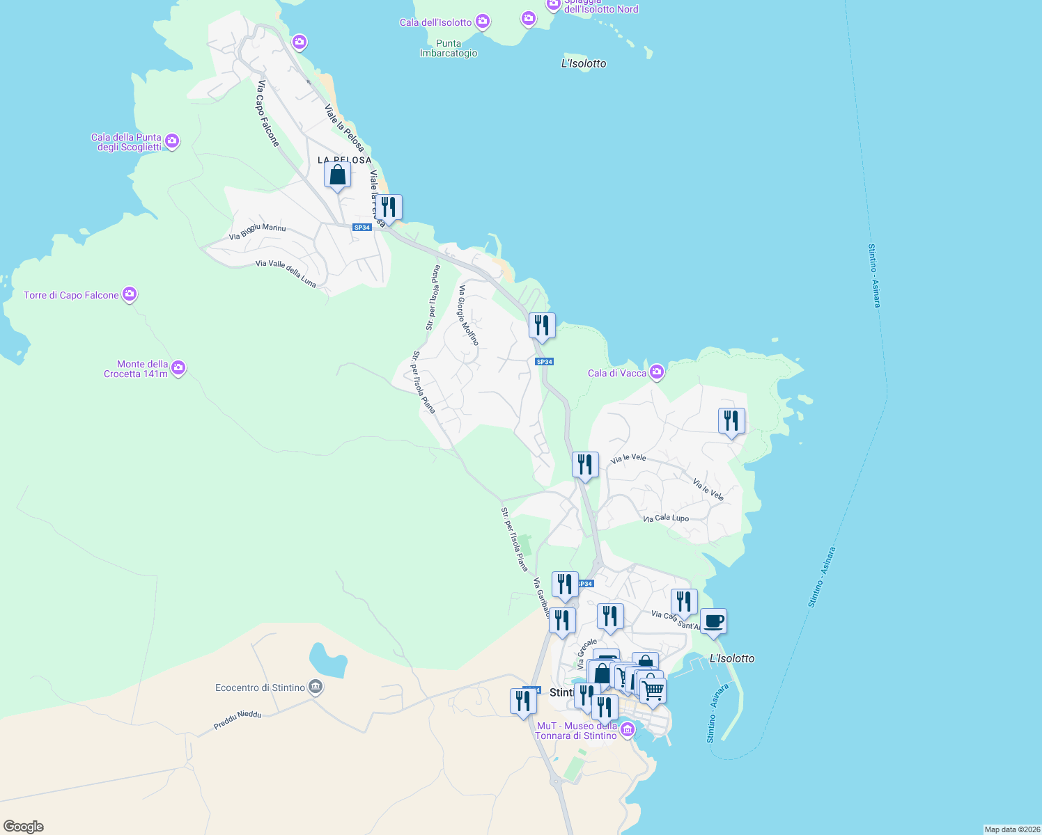 map of restaurants, bars, coffee shops, grocery stores, and more near 18 Via dei Rosmarini in Stintino