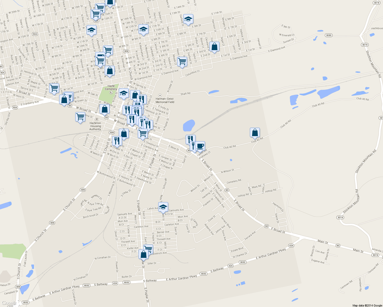 map of restaurants, bars, coffee shops, grocery stores, and more near 536 East Broad Street in Hazleton