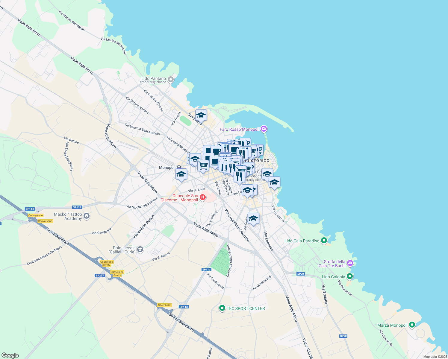 map of restaurants, bars, coffee shops, grocery stores, and more near 15 Via Cialdini in Monopoli