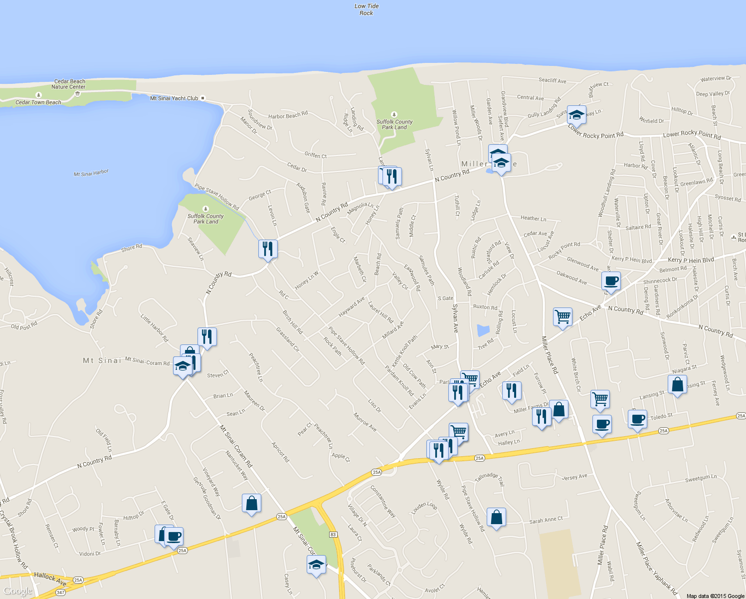 map of restaurants, bars, coffee shops, grocery stores, and more near 17 Hayward Ave in Miller Place