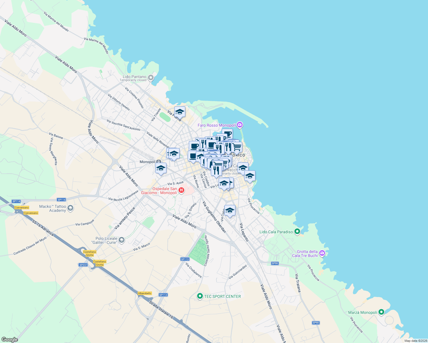 map of restaurants, bars, coffee shops, grocery stores, and more near 9 Via G. Polignani in Monopoli