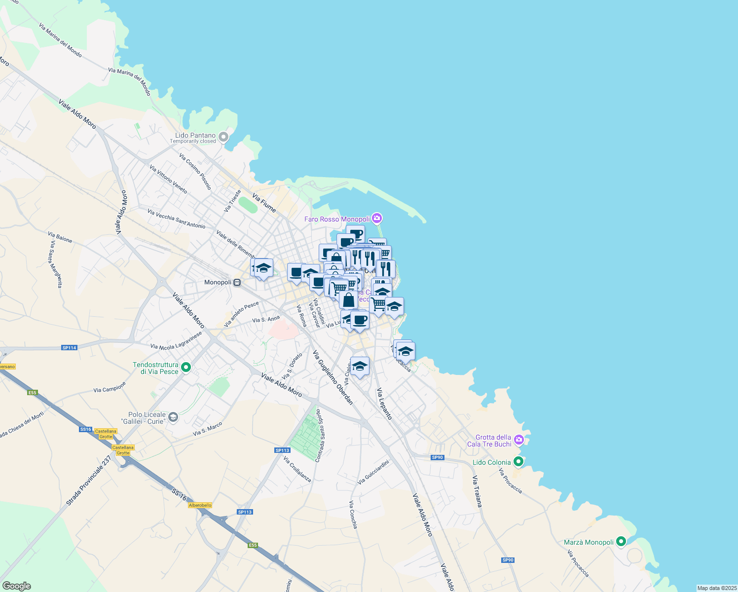 map of restaurants, bars, coffee shops, grocery stores, and more near 46 Via Barbacana in Monopoli