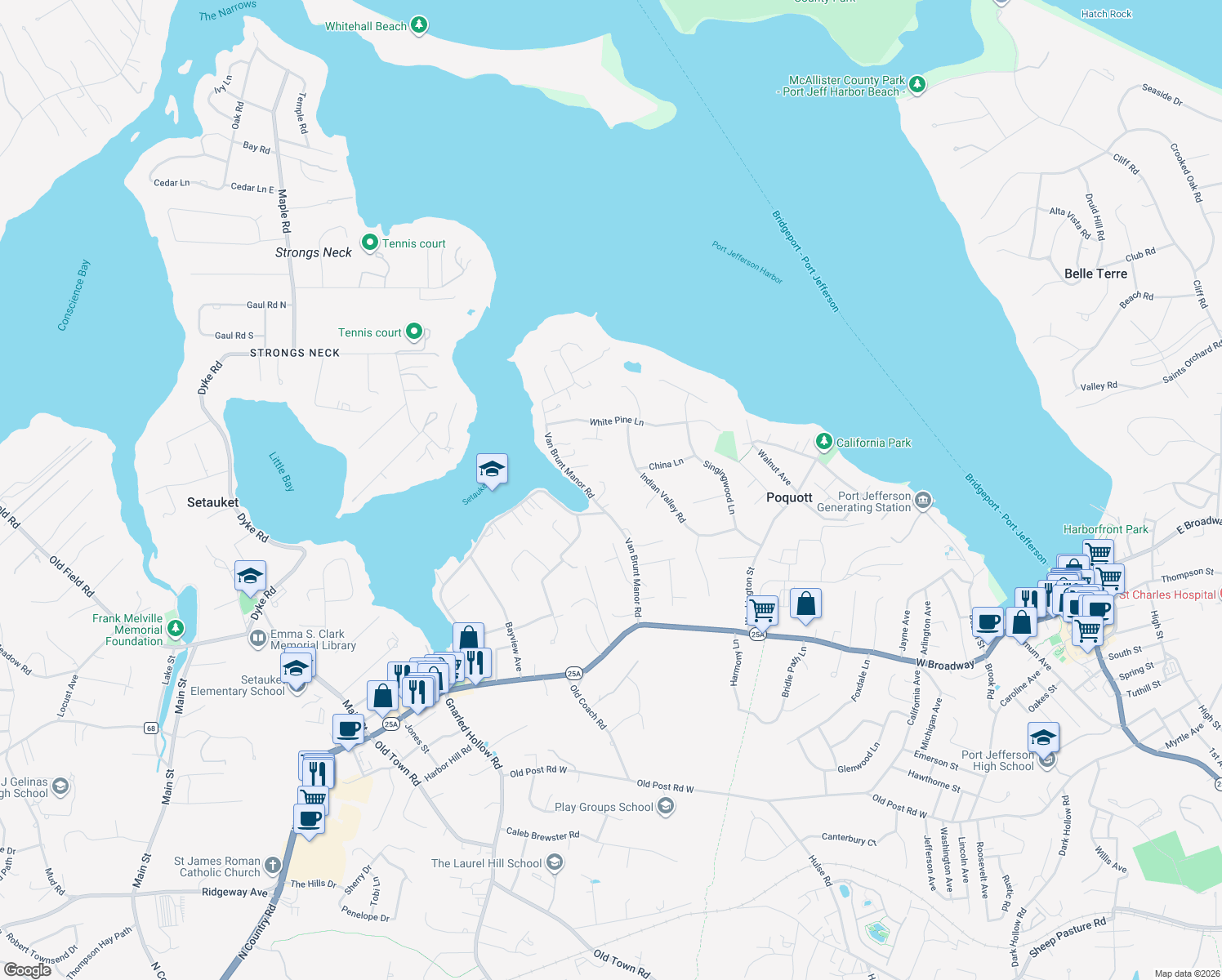 map of restaurants, bars, coffee shops, grocery stores, and more near 47 Van Brunt Manor Road in Setauket- East Setauket