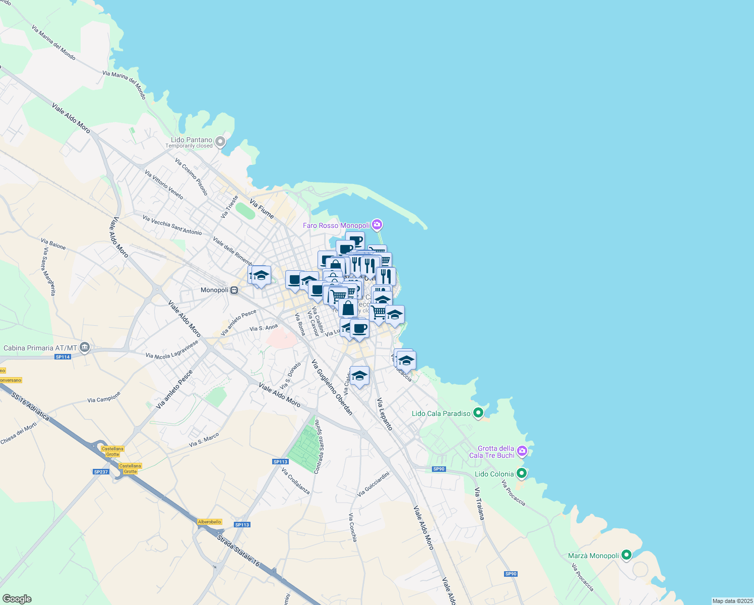 map of restaurants, bars, coffee shops, grocery stores, and more near 46 Via Barbacana in Monopoli