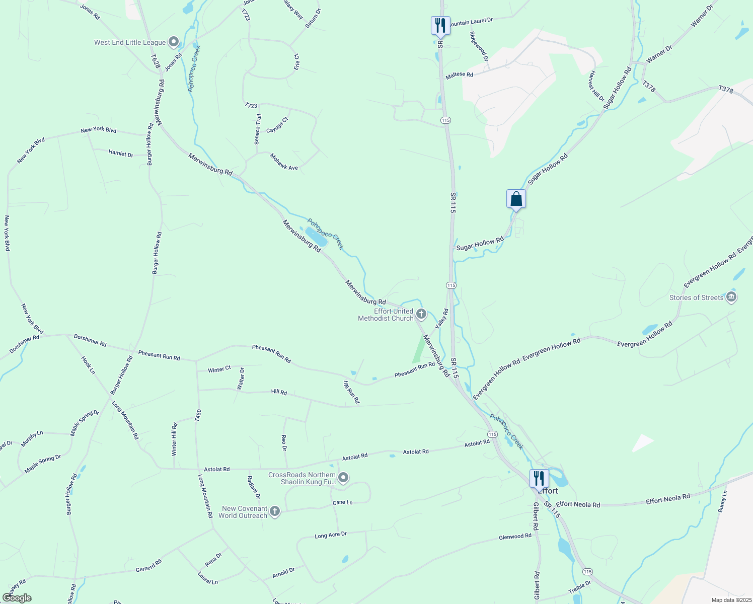 map of restaurants, bars, coffee shops, grocery stores, and more near 1611 Merwinsburg Road in Effort