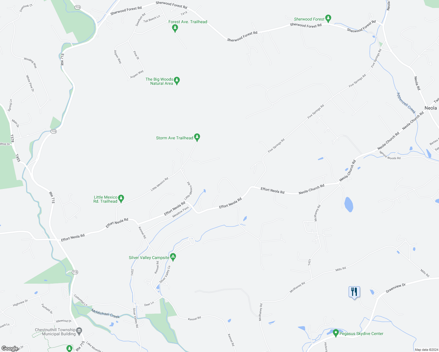 map of restaurants, bars, coffee shops, grocery stores, and more near 142 Willowherb Lane in Saylorsburg