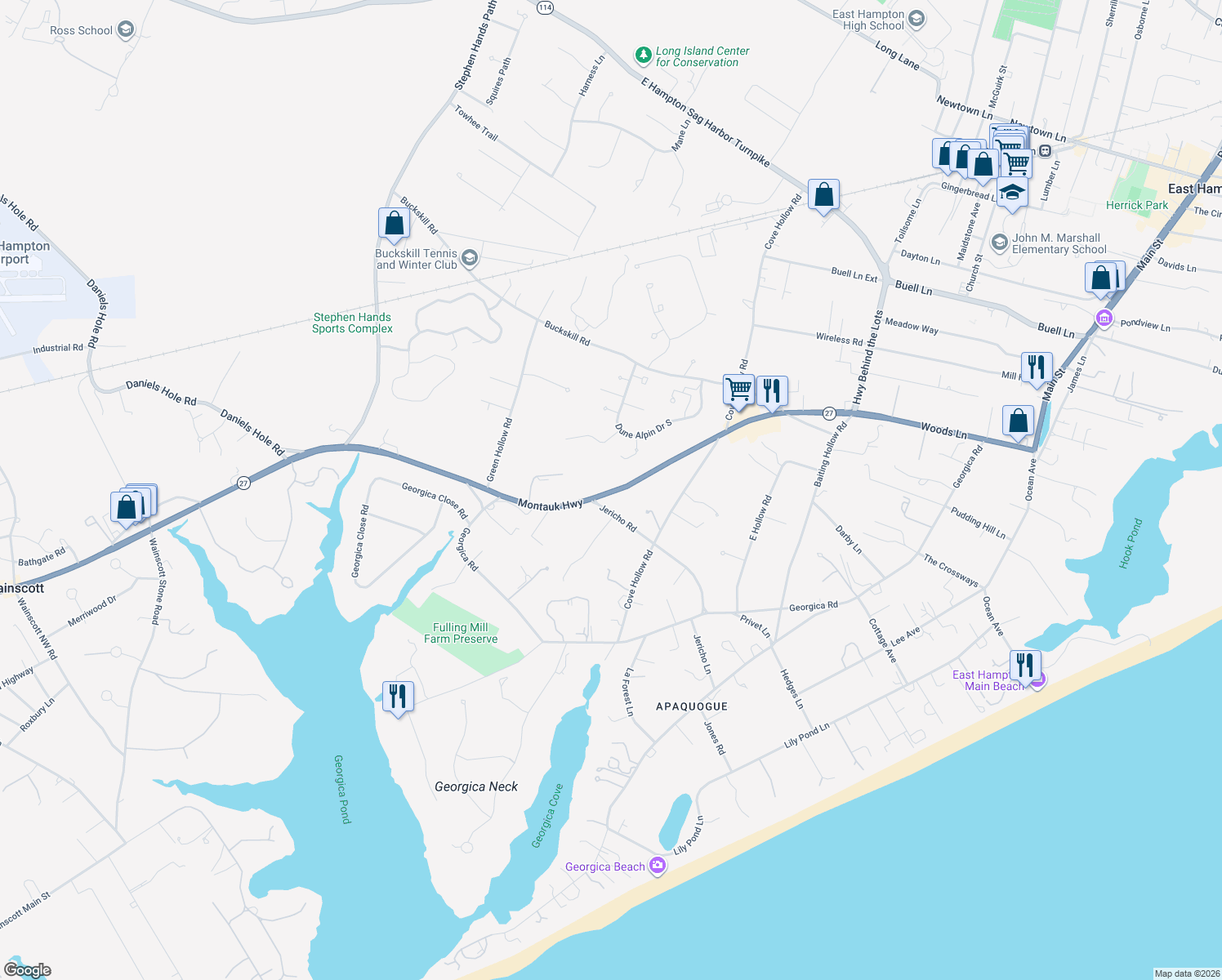 map of restaurants, bars, coffee shops, grocery stores, and more near 130 Montauk Highway in East Hampton