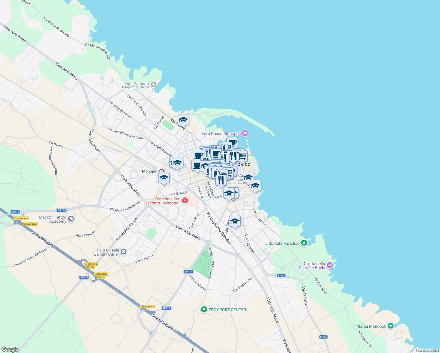 map of restaurants, bars, coffee shops, grocery stores, and more near 9 Via G. Polignani in Monopoli