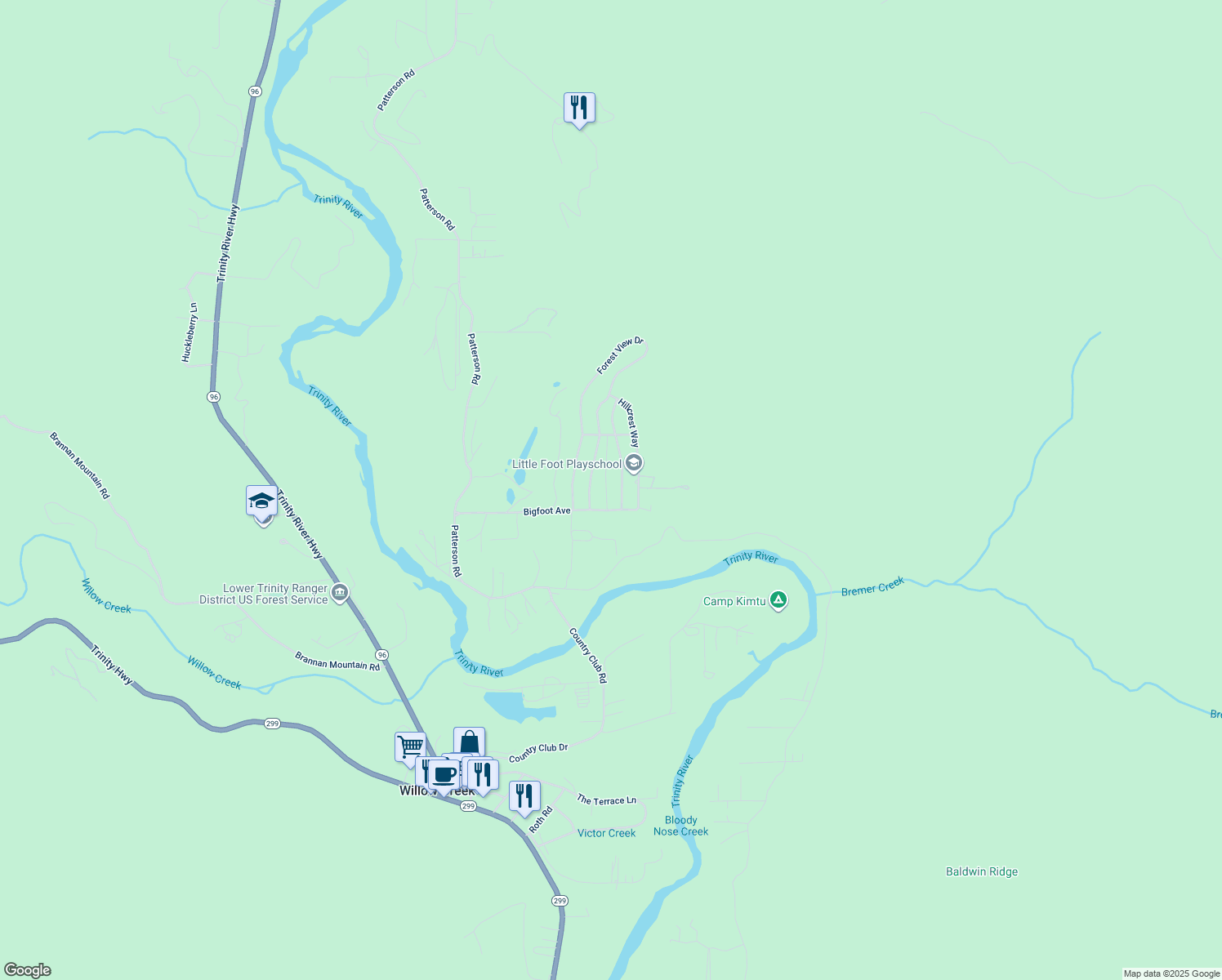 map of restaurants, bars, coffee shops, grocery stores, and more near 93 Tree Top Lane in Willow Creek