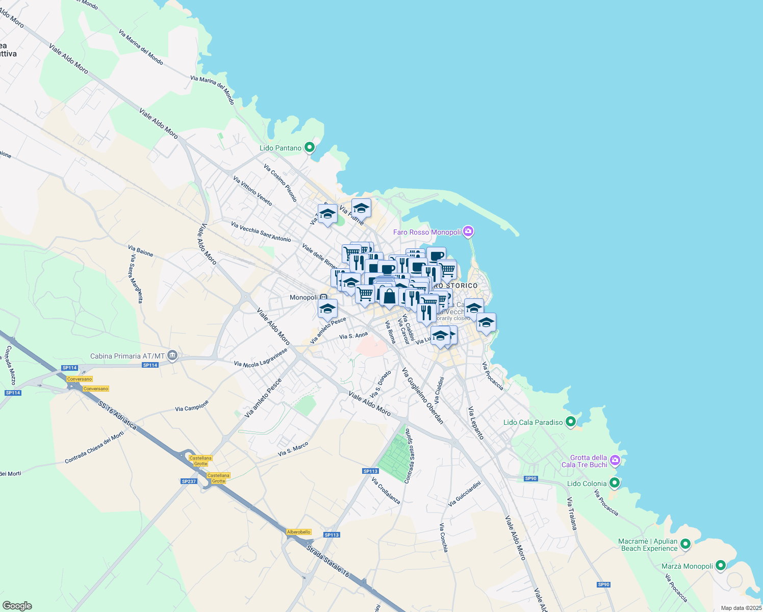 map of restaurants, bars, coffee shops, grocery stores, and more near 34 Via Umberto I in Monopoli
