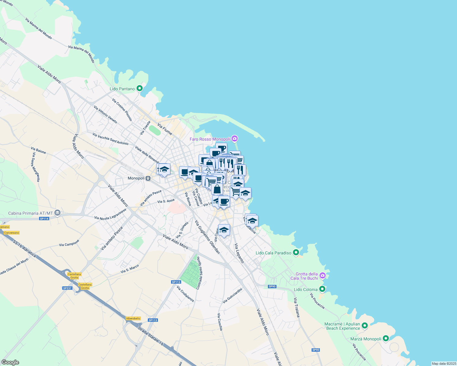map of restaurants, bars, coffee shops, grocery stores, and more near 46 Via Barbacana in Monopoli