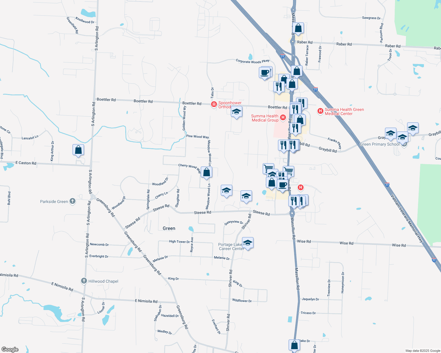 map of restaurants, bars, coffee shops, grocery stores, and more near 4115 Spring Meadow Cir in Uniontown