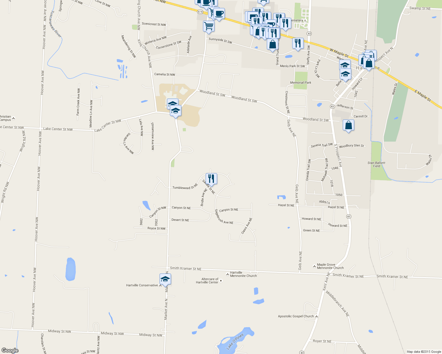map of restaurants, bars, coffee shops, grocery stores, and more near 1380 Tumbleweed Street Northeast in Uniontown