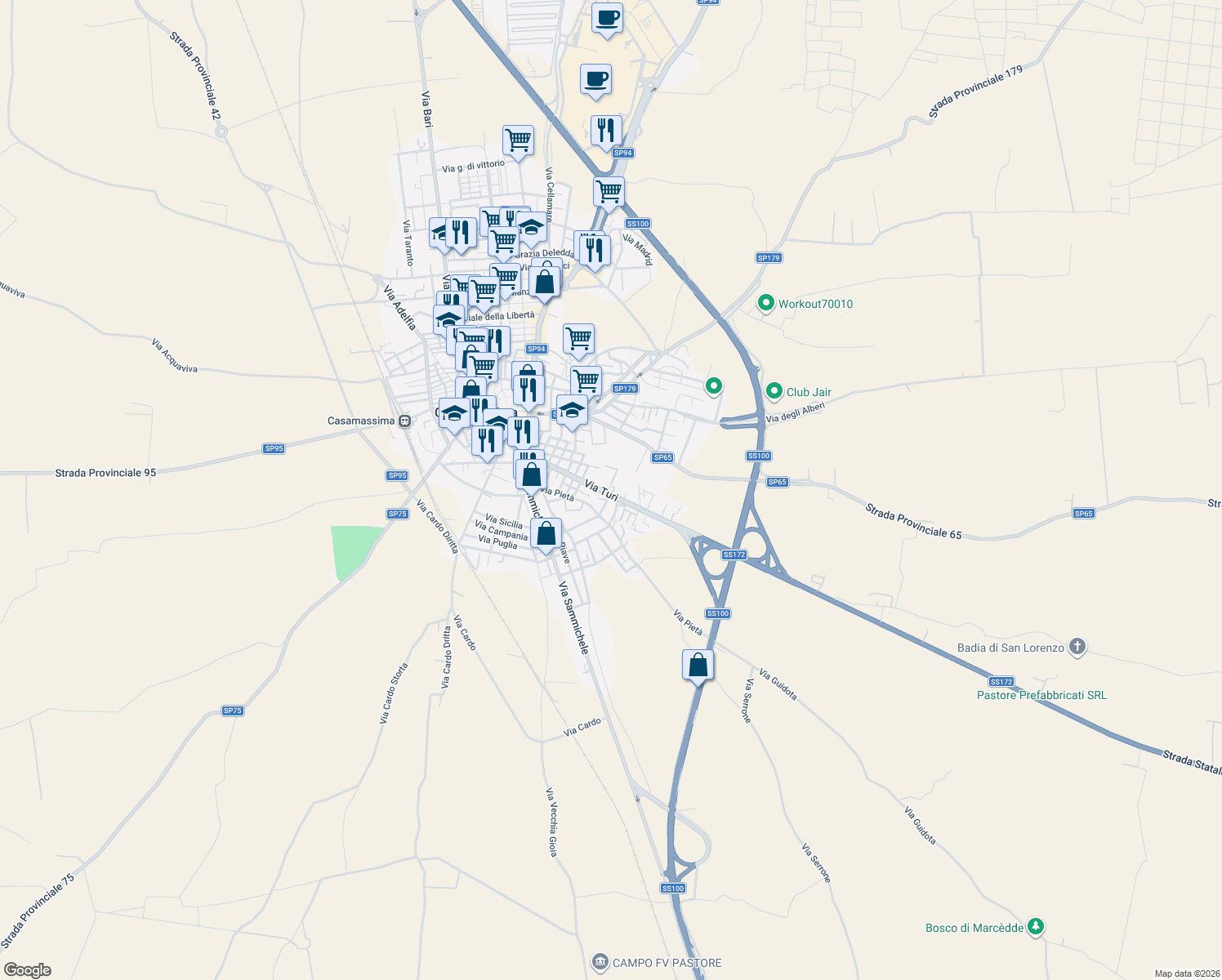 map of restaurants, bars, coffee shops, grocery stores, and more near 96a Via Turi in Casamassima