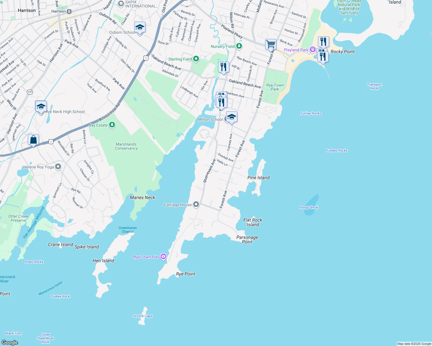 map of restaurants, bars, coffee shops, grocery stores, and more near 95 Stuyvesant Avenue in Rye