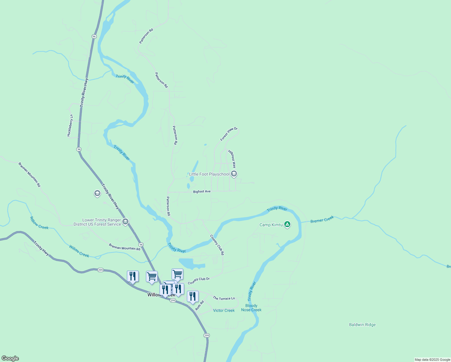 map of restaurants, bars, coffee shops, grocery stores, and more near 93 Tree Top Lane in Willow Creek