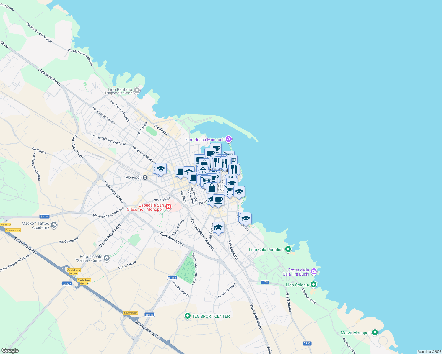 map of restaurants, bars, coffee shops, grocery stores, and more near 46 Via Barbacana in Monopoli