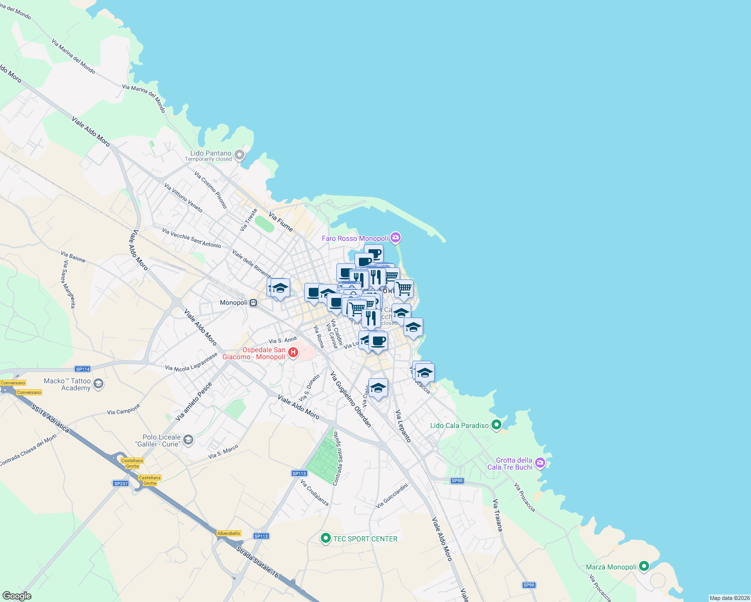 map of restaurants, bars, coffee shops, grocery stores, and more near 30 Via S. Domenico in Monopoli