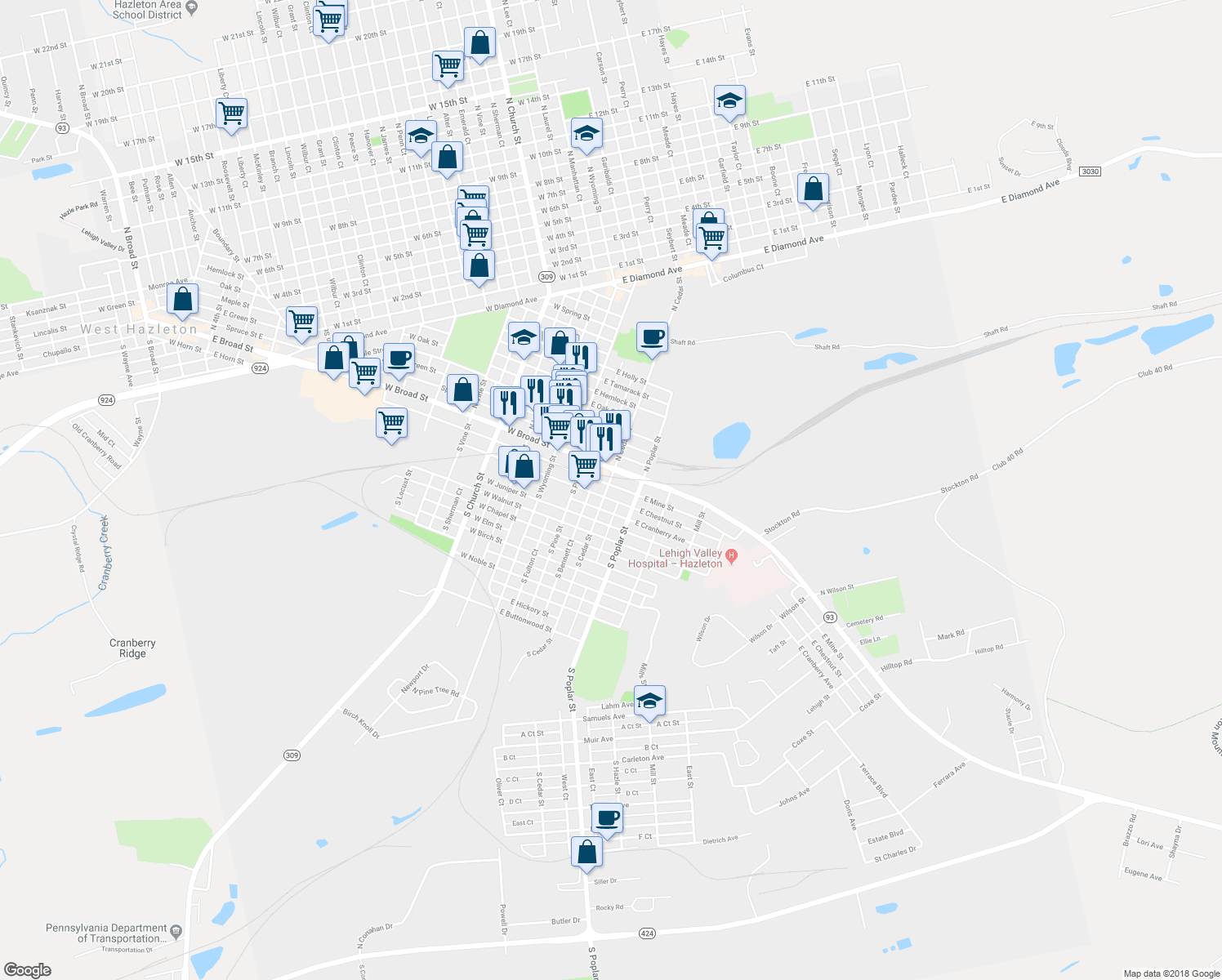 map of restaurants, bars, coffee shops, grocery stores, and more near 218 East Mine Street in Hazleton