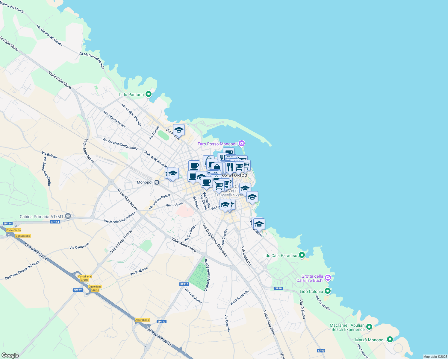 map of restaurants, bars, coffee shops, grocery stores, and more near 32 Via Amalfitana in Monopoli