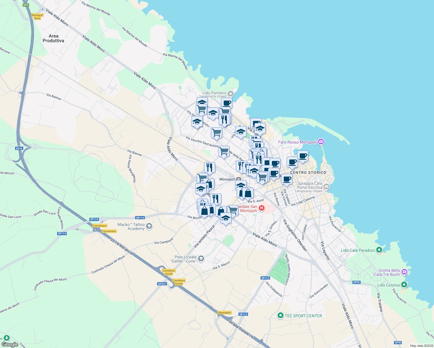 map of restaurants, bars, coffee shops, grocery stores, and more near 29 Via Giacinto Antonelli in Monopoli