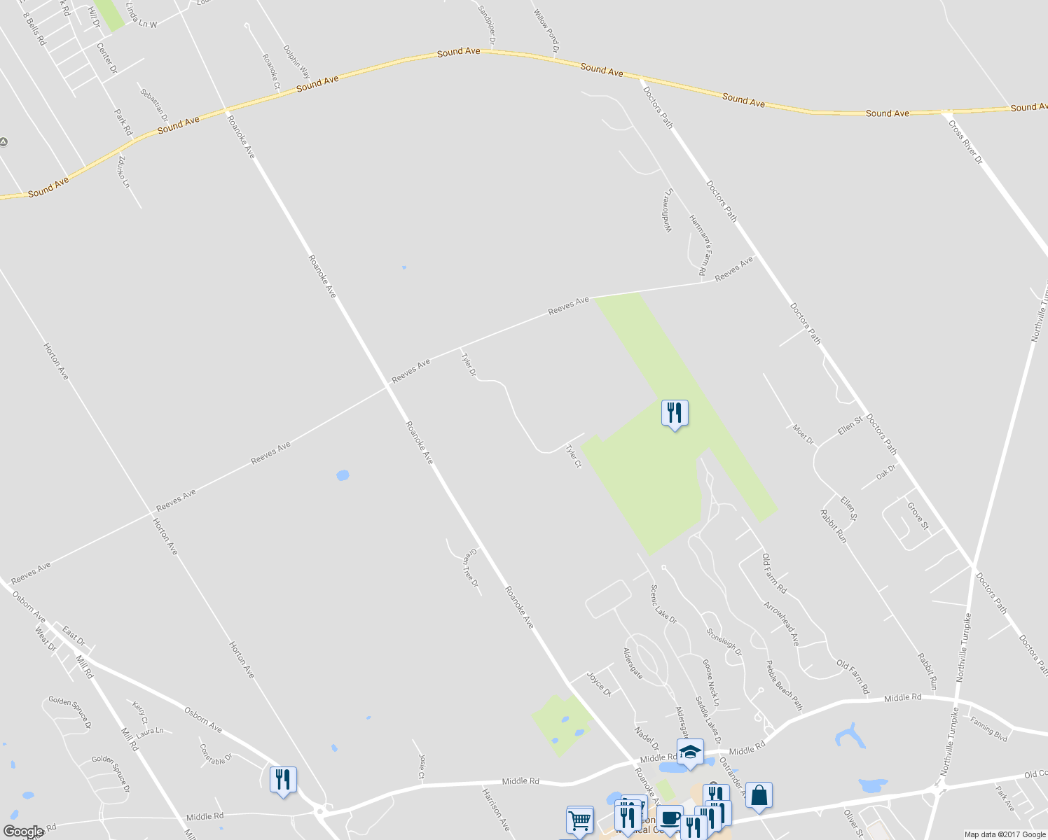 map of restaurants, bars, coffee shops, grocery stores, and more near 32 Tyler Drive in Riverhead