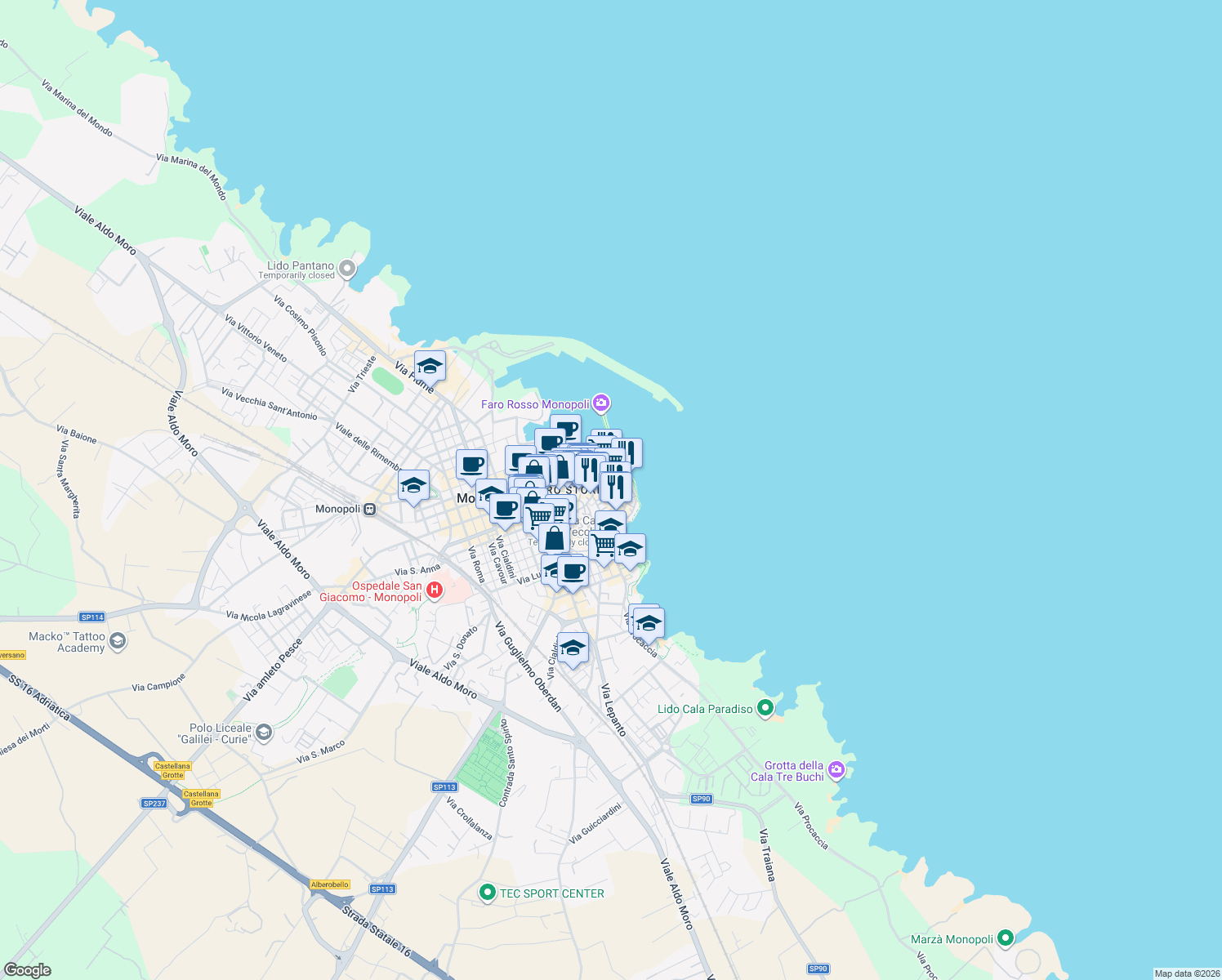 map of restaurants, bars, coffee shops, grocery stores, and more near 28 Vico Pugliese in Monopoli