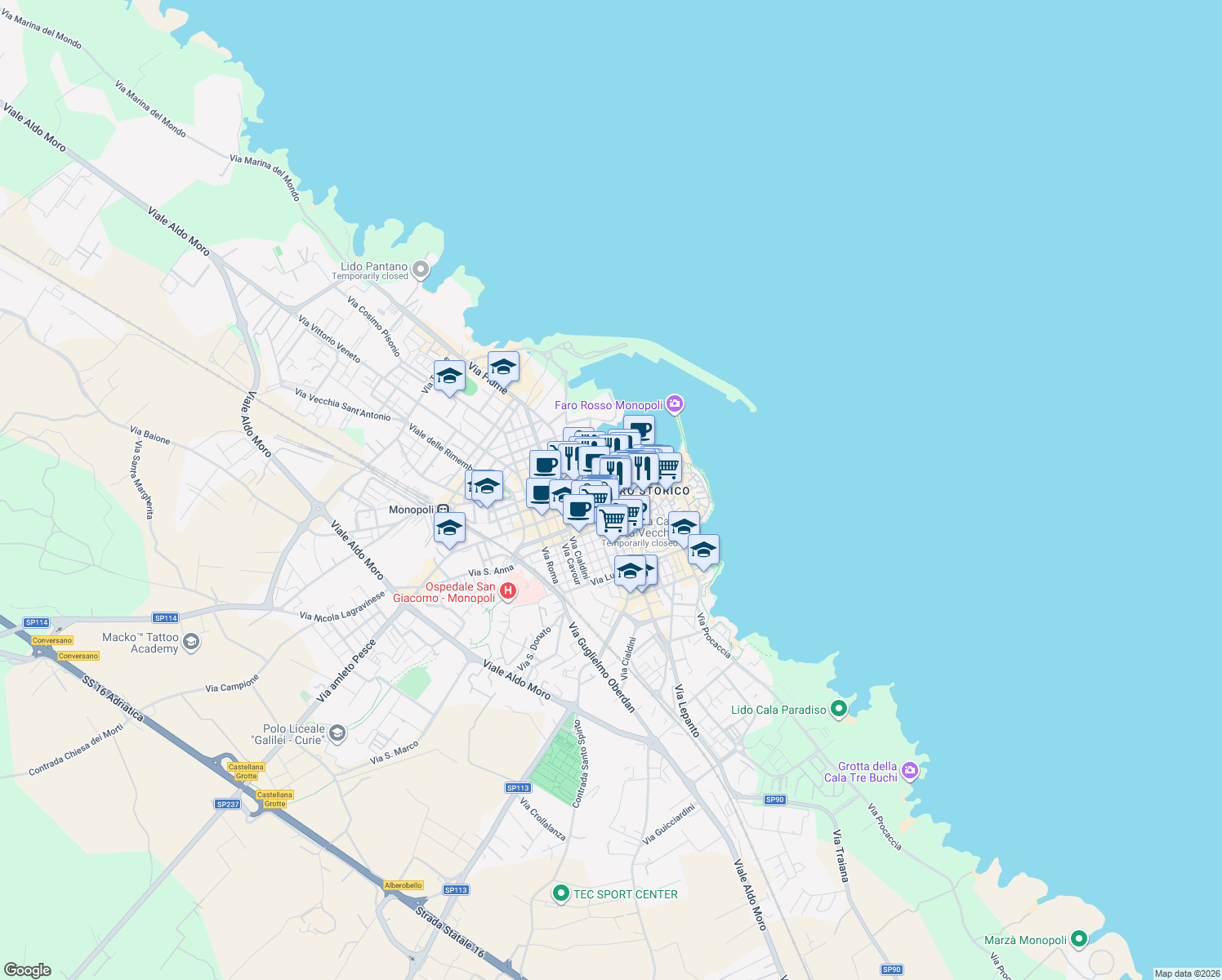 map of restaurants, bars, coffee shops, grocery stores, and more near 14 Via Giovanni Barnaba in Monopoli