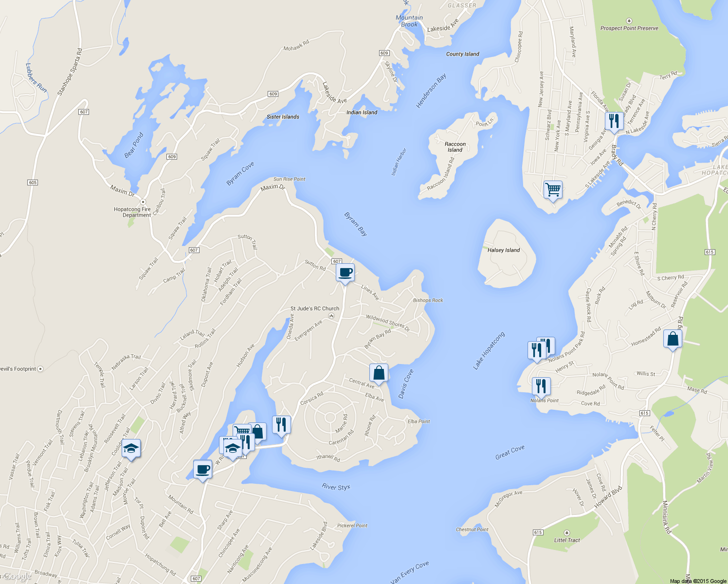 map of restaurants, bars, coffee shops, grocery stores, and more near 30 Lines Avenue in Hopatcong