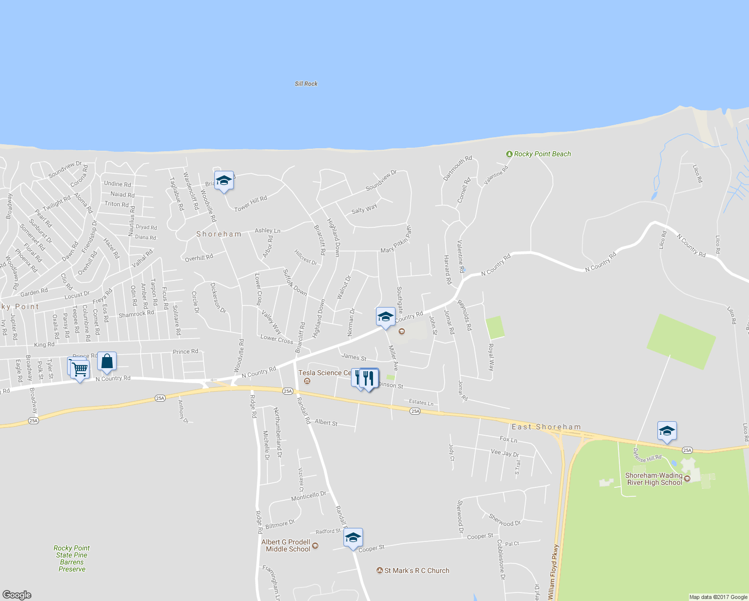 map of restaurants, bars, coffee shops, grocery stores, and more near 14 Josephine Boulevard in Shoreham