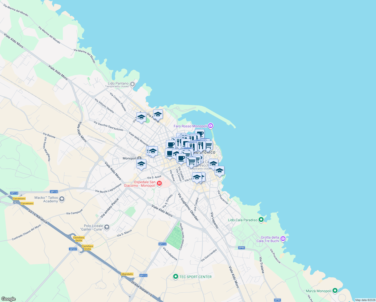 map of restaurants, bars, coffee shops, grocery stores, and more near 14 Via Barnaba Giovanni in Monopoli