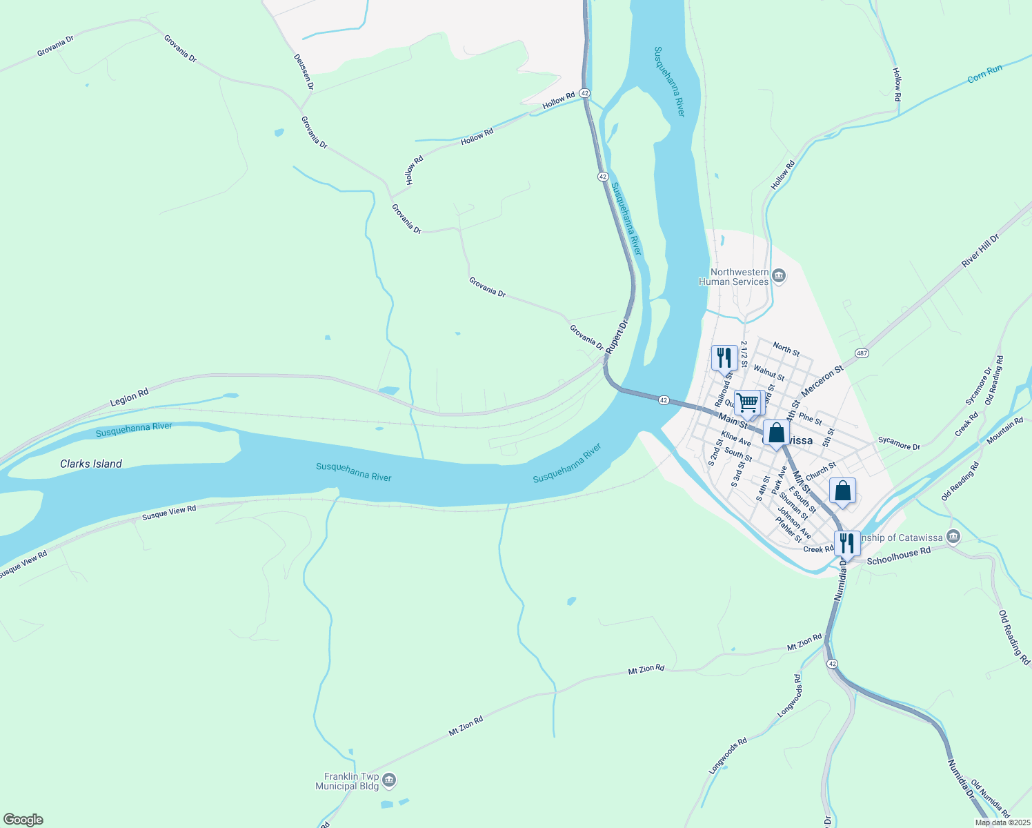 map of restaurants, bars, coffee shops, grocery stores, and more near 152 Legion Road in Bloomsburg