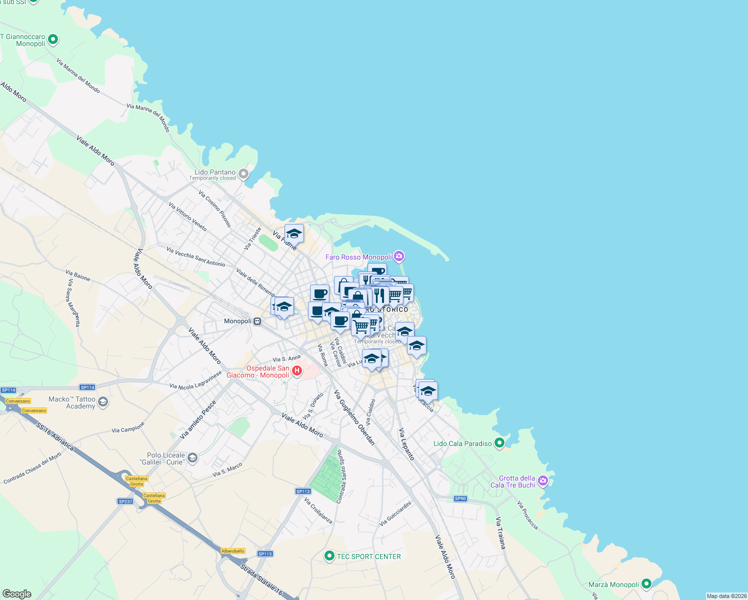 map of restaurants, bars, coffee shops, grocery stores, and more near 32 Via Amalfitana in Monopoli