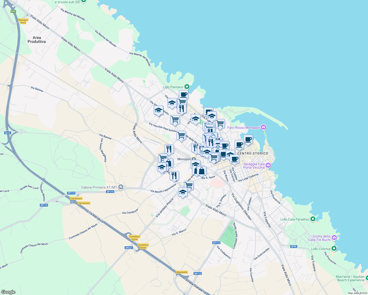 map of restaurants, bars, coffee shops, grocery stores, and more near 50 Via del Drago Canonico Giuseppe in Monopoli