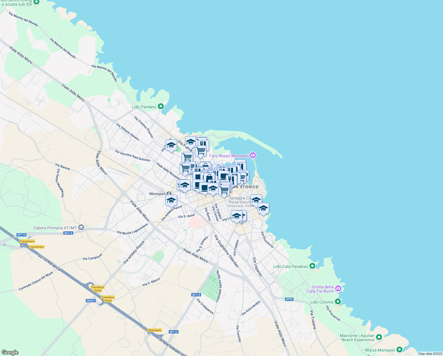 map of restaurants, bars, coffee shops, grocery stores, and more near 1/A Via Nazario Sauro in Monopoli