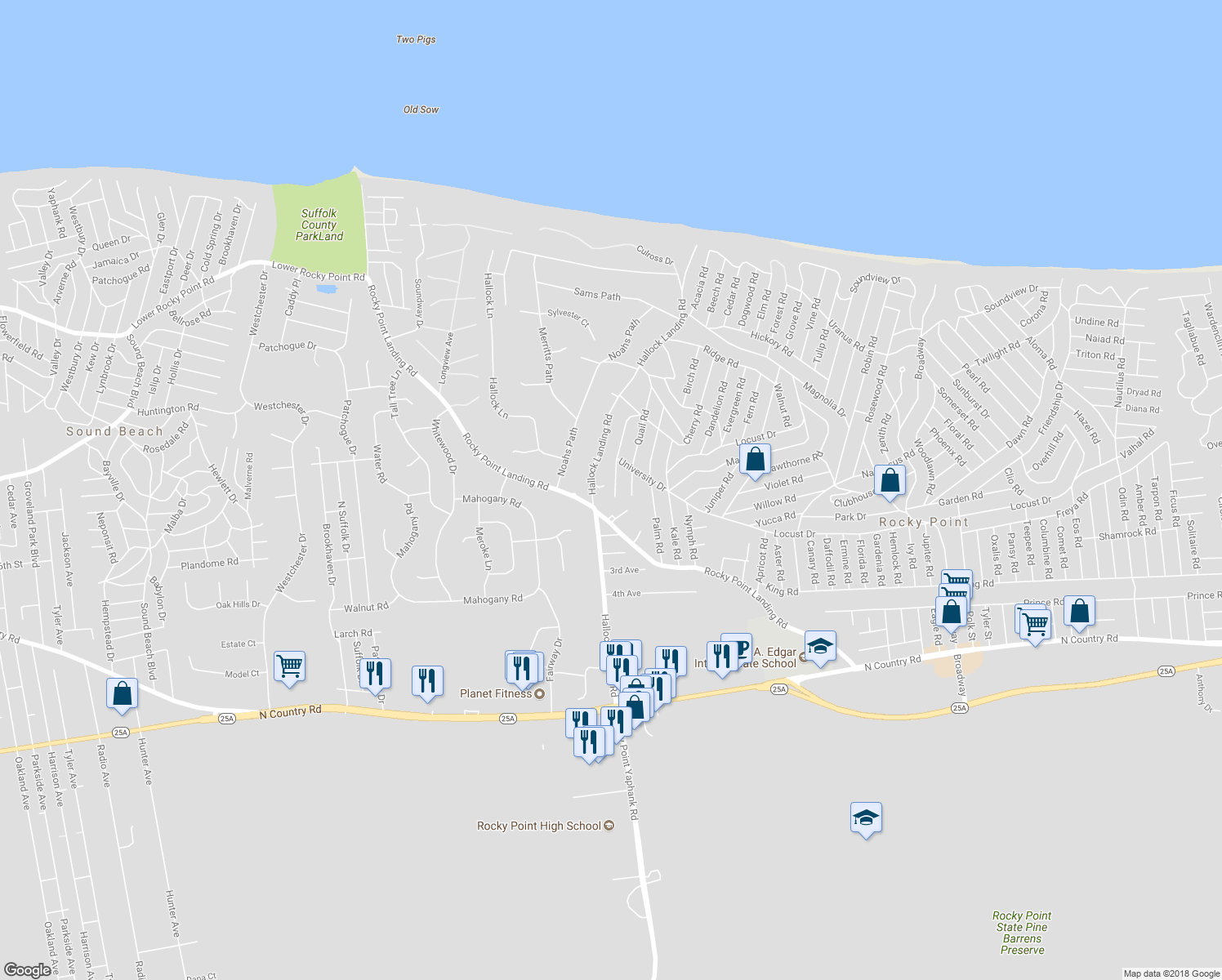 map of restaurants, bars, coffee shops, grocery stores, and more near 62 Satinwood Road in Rocky Point