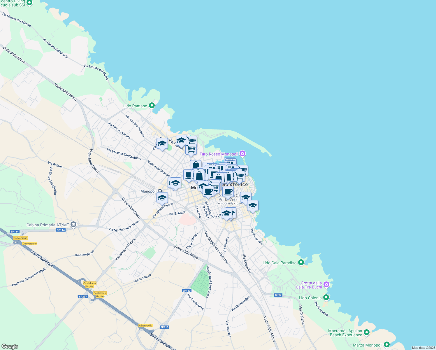 map of restaurants, bars, coffee shops, grocery stores, and more near 15 Largo Fontanelle in Monopoli