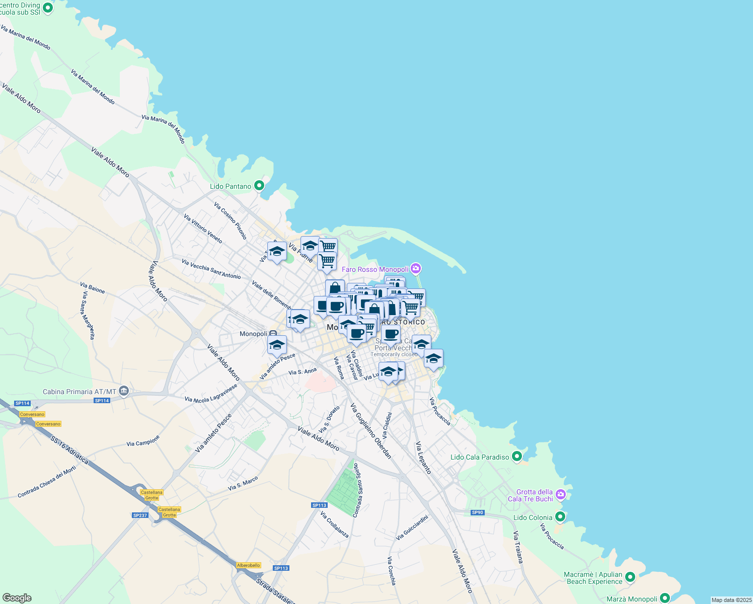 map of restaurants, bars, coffee shops, grocery stores, and more near 15 Largo Fontanelle in Monopoli