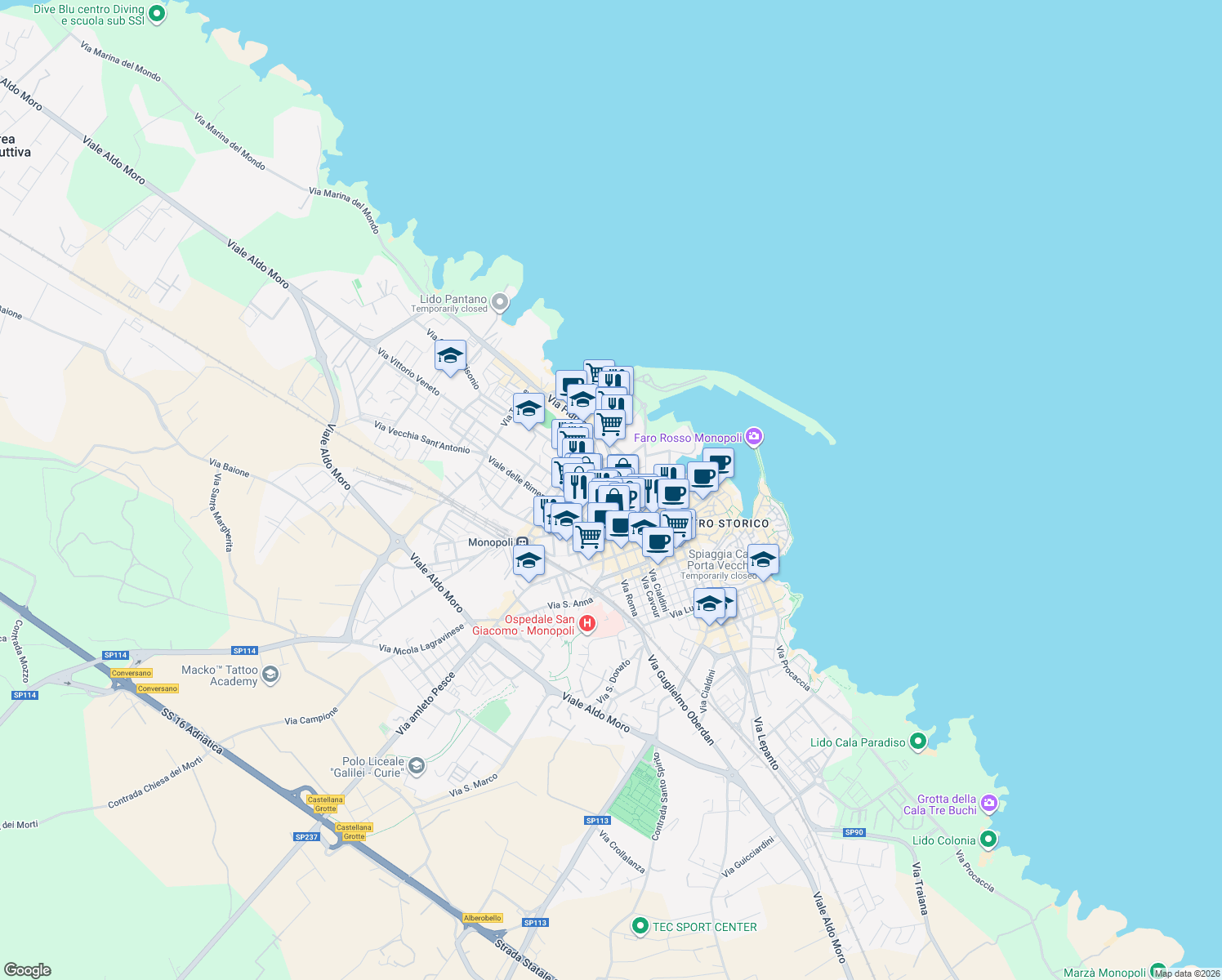 map of restaurants, bars, coffee shops, grocery stores, and more near 1 Via Cesare Battisti in Monopoli