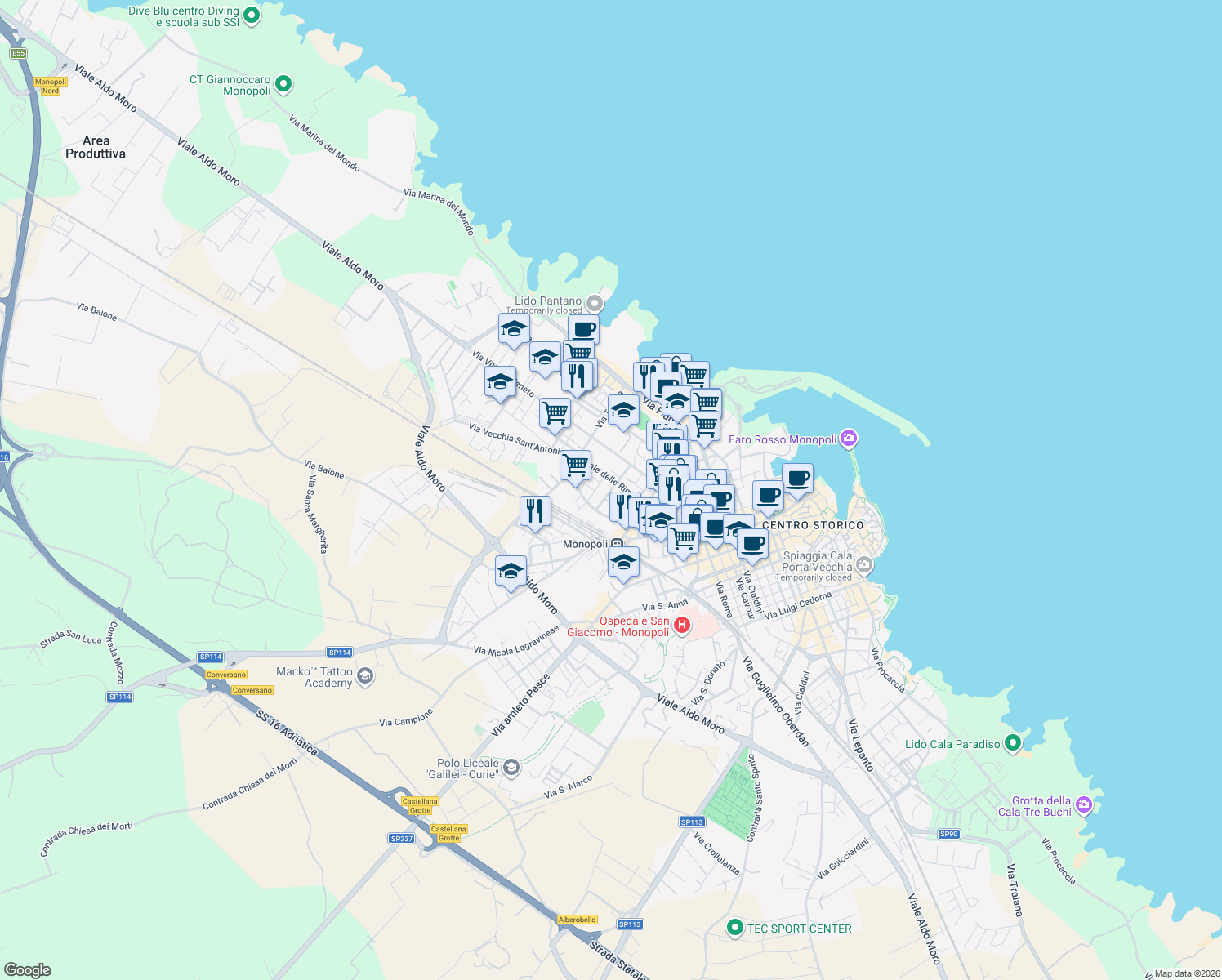 map of restaurants, bars, coffee shops, grocery stores, and more near 38 Via A. Mengano in Monopoli