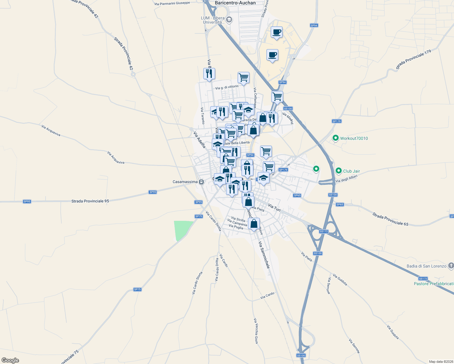 map of restaurants, bars, coffee shops, grocery stores, and more near 38 Piazza Aldo Moro in Casamassima